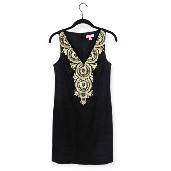 Lilly Pulitzer Black and Gold Gabby Shift Embroidered Beaded Mini Dress Size 00 - Picture 2 of 10
